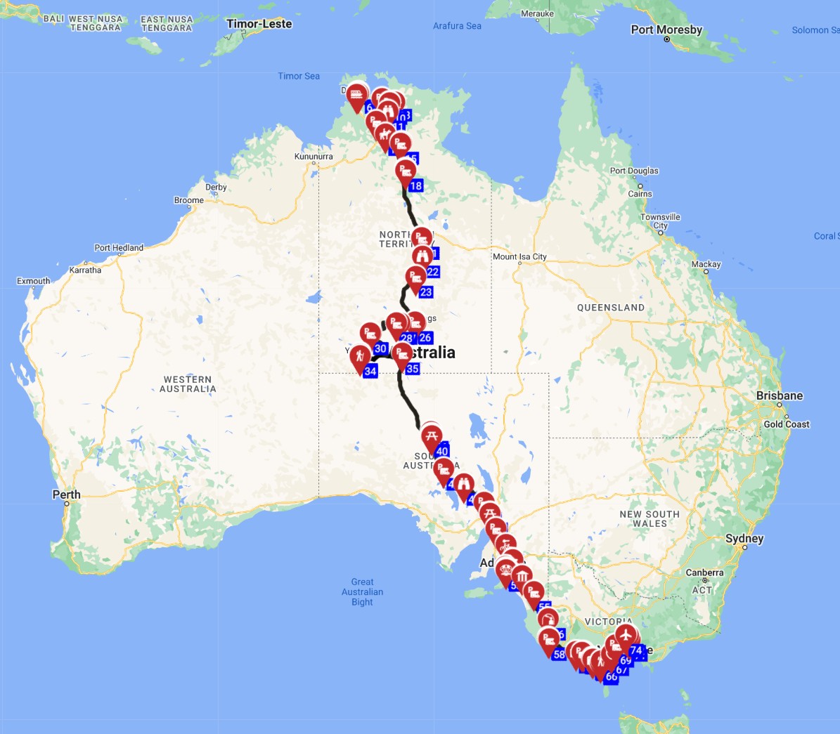 Map for Darwin to Melbourne - Cultural Outback  Coastal Charm Trail